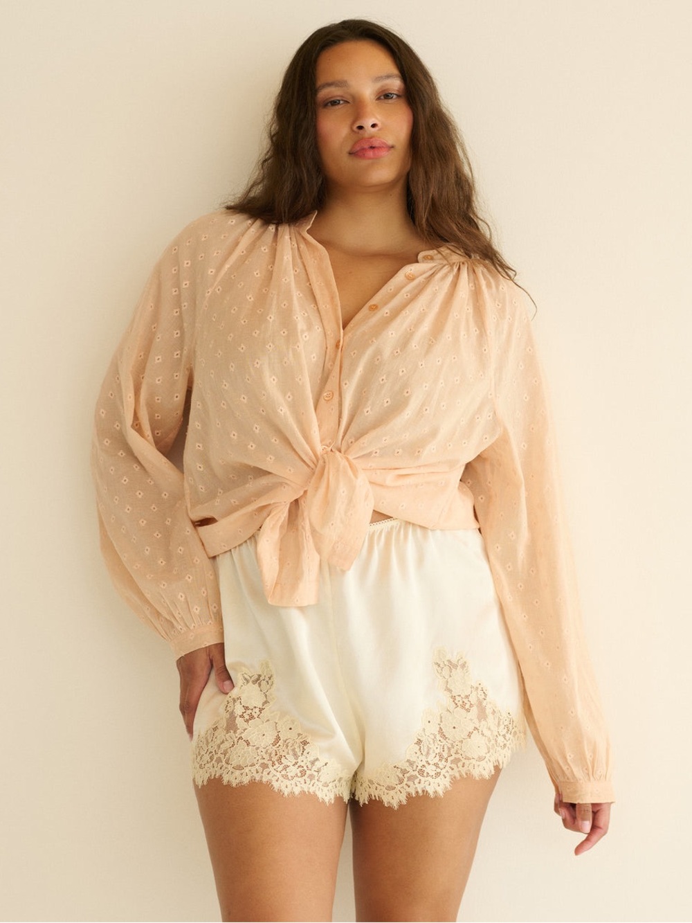 Doen Iona Silk Cream Lace-Trim Shorts in Salt and Peach Lace sz XS NWT
